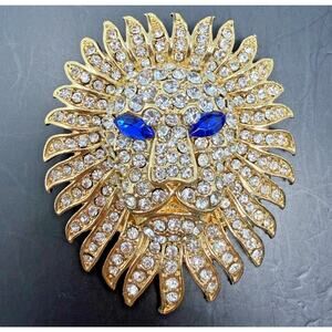 Vintage Gold Tone Lion Head Rhinestone Brooch Blue Eyes Statement Pin